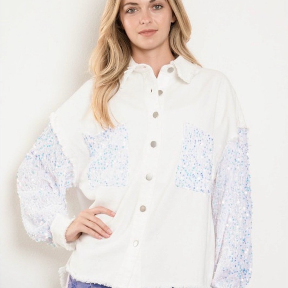 Blue Velvet Women’s White Button-Up Sequin Sleeve Light Weight Denim Shacket